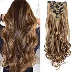 NWT BRONDE hair extensions 7 piece set medium brown with blonde highlights thro